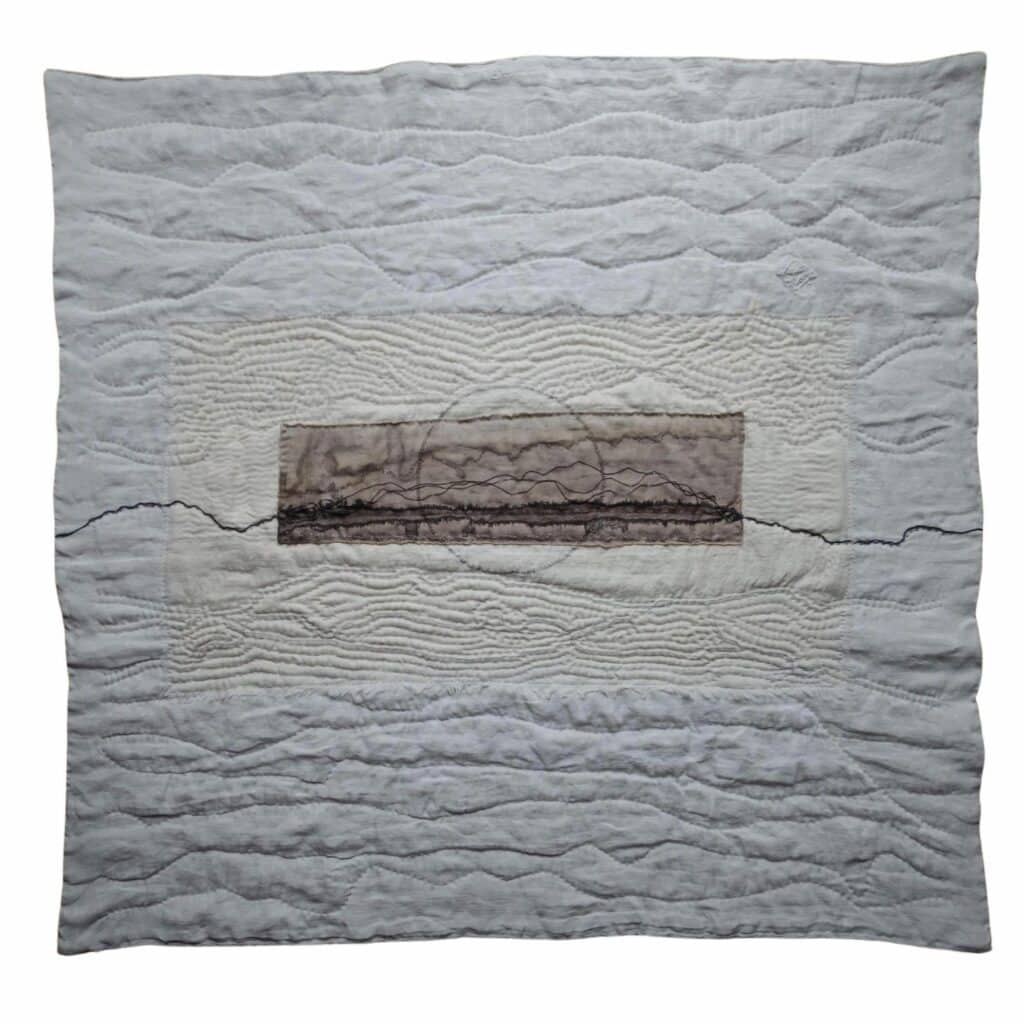 Hand appliqued, hand quilted, natural dyes, hand embroidery.